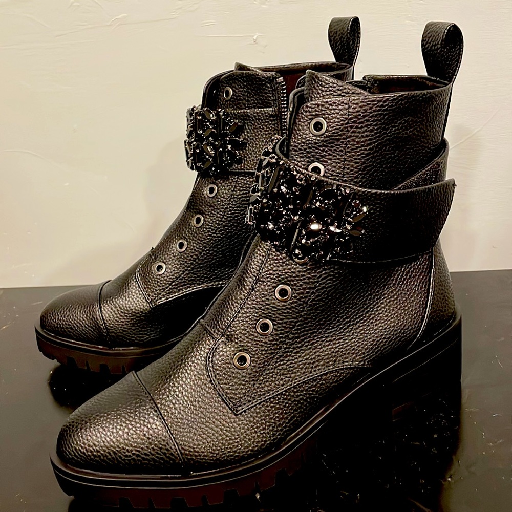 KARL LAGERFELD PARIS
Pippa Jeweled Strap Leather Lug Sole Combat Booties